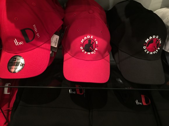 The gift shop sold Made in Detroit hats alongside hats emblazoned with the D's logo. - VIA RICK LAX.