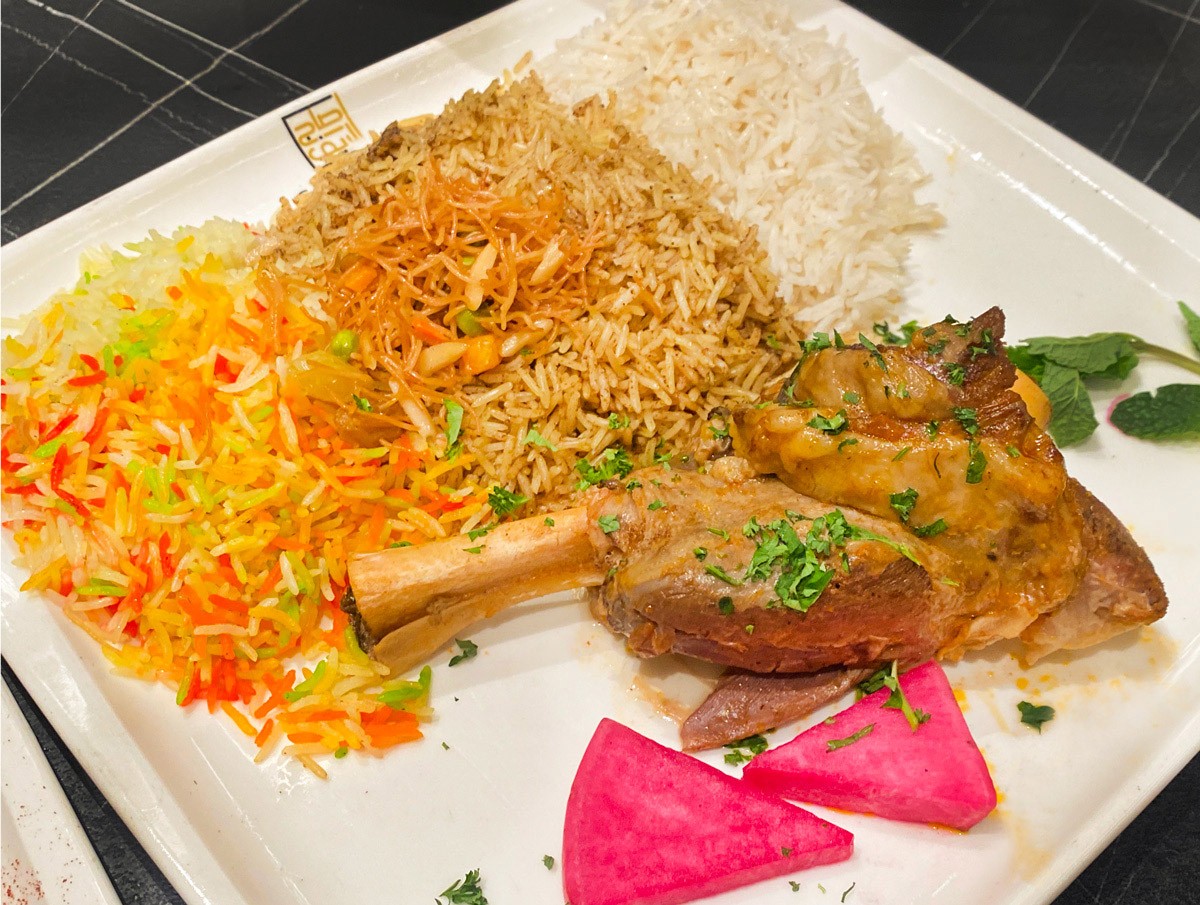 At Saj Areef, the lamb’s tender meat practically falls off a huge bone.