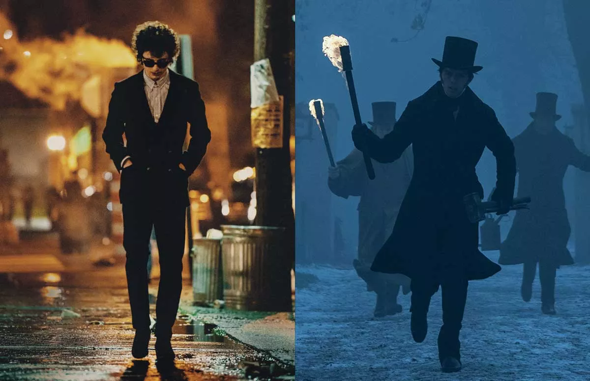 Image: Timothée Chalamet stars as Bob Dylan in A Complete Unknown and Nicholas Hoult stars as Thomas Hutter in Nosferatu.
