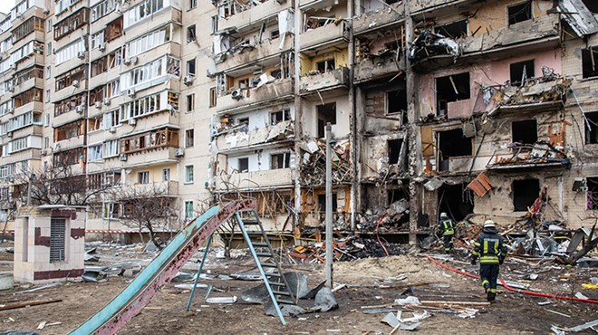 A residential building damaged by Russian aircraft in the Ukrainian capital Kyiv.
