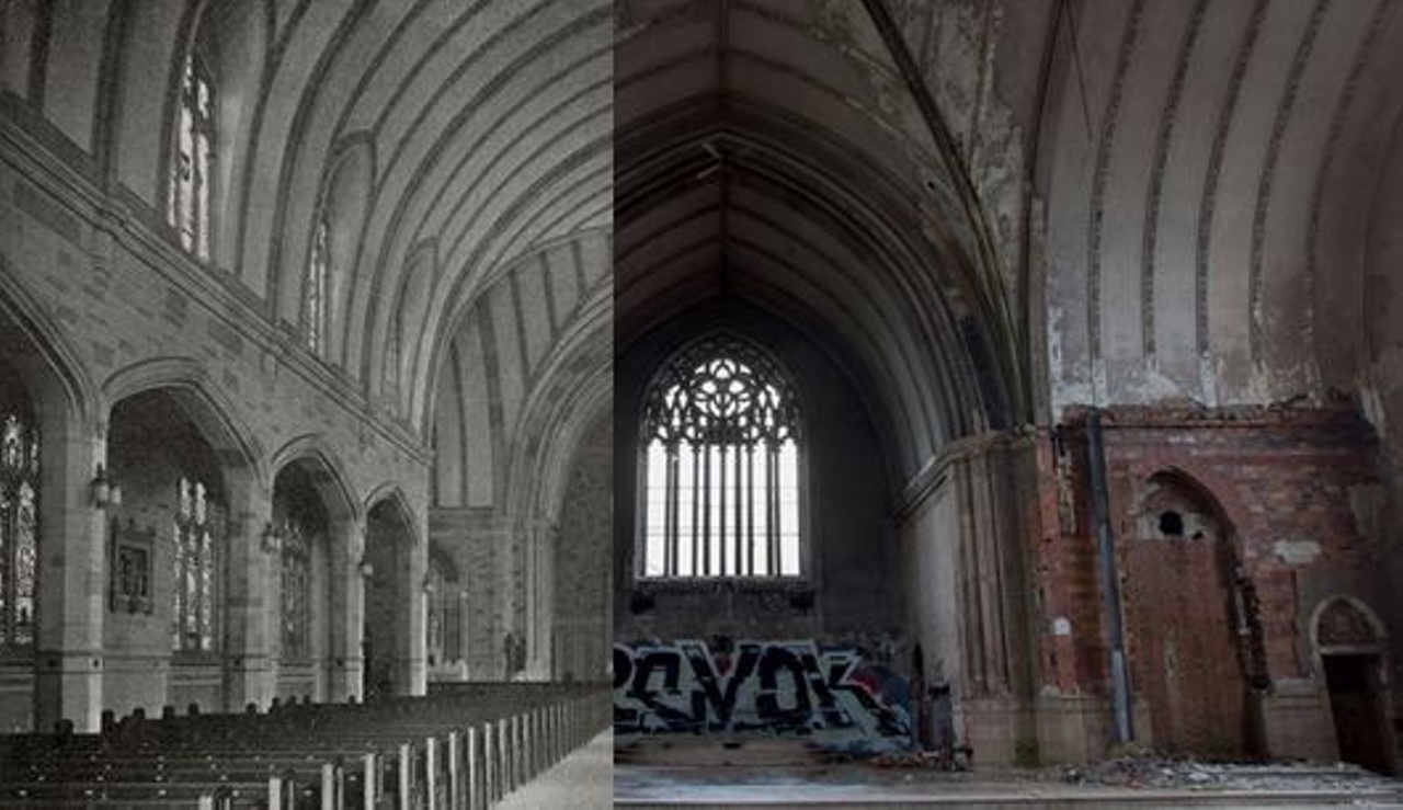 St. Agnes Church and School
1980 and 2012
Located in the Lasalle Garden Neighborhood, this is one of the most well known abandoned churches in the city. The massive church could hold 1,500 people and hosted Mother Theresa in 1981. It closed in 2006 and its interior rapidly declined. It currently touts barbed wire and surveillance cameras. 
Photo via Metro Times 
Photo via detroiturbex.com 