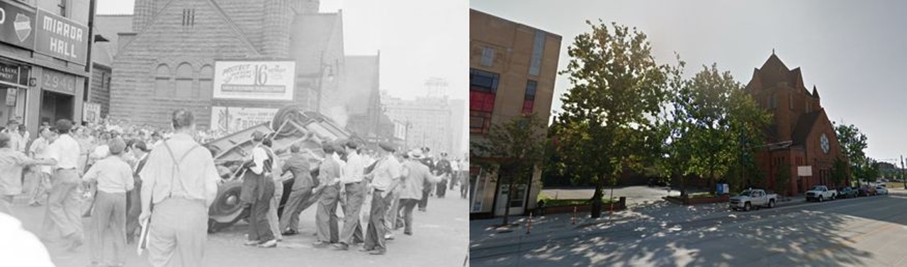 Woodward and Charlotte Street 
1943 and 2017
A time period of rough racial tensions followed the disturbance at the Sojourner Truth Housing in which white residents tried to prevent black residents from moving in. The civil unrest would continue as some of the worst uprisings in American history.
Photo via Wayne State University 
Photo via www.google.com/maps 