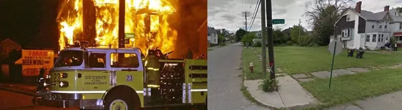 Seneca St. and Moffat Ave. 1984 and 2013 More and more people began moving out of the city in the late '70s, leaving behind vacant buildings, which quickly became prime target for arson. Peaking at 800 fires in 1984, the city implemented extra patrols and encouraged neighborhood watch programs. In 2017, with 54 fires reported during Halloween, the city voted to eliminate its "Angels Night" efforts. Photo via maskmagazine.com Photo via Google Maps 