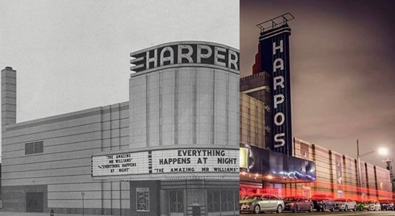 Harper Theater
1941 and 2017
The Harper Theater was built in 1939 on Harper Avenue and Chalmers. In 1973, the theater became a venue for heavy metal concerts and was renamed Harpo's, necessitating a change to the neon sign. Harpo's continues to operate to this day as a club and music theater, attracting bands and crowds from across the state and nation. 
Photo via www.metrotimes.com 
Photo via http://detroiturbex.com 