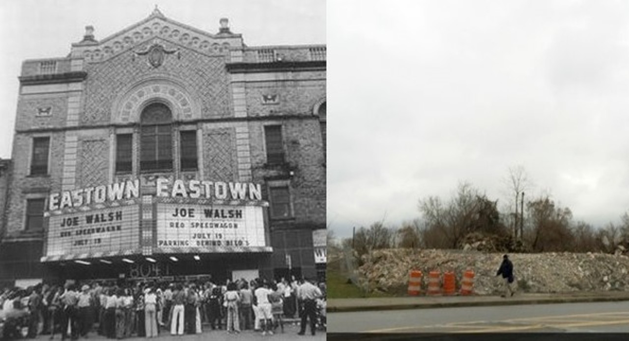 Eastown Theatre
1973 to 2015
Eastown Theatre opened in 1931, and by 1969 began hosting acts like Alice Cooper, Jefferson Airplane, and Fleetwood Mac. The '90s brought the rave scene with the building showing clear signs of decay. Abandoned in 2009, a fire in the attached apartments destroyed half the building in 2010. Scrappers gutted the place and it was finally demolished in 2015. 
Photo via historicdetroit.org 
Photo via Detroit Free Press 