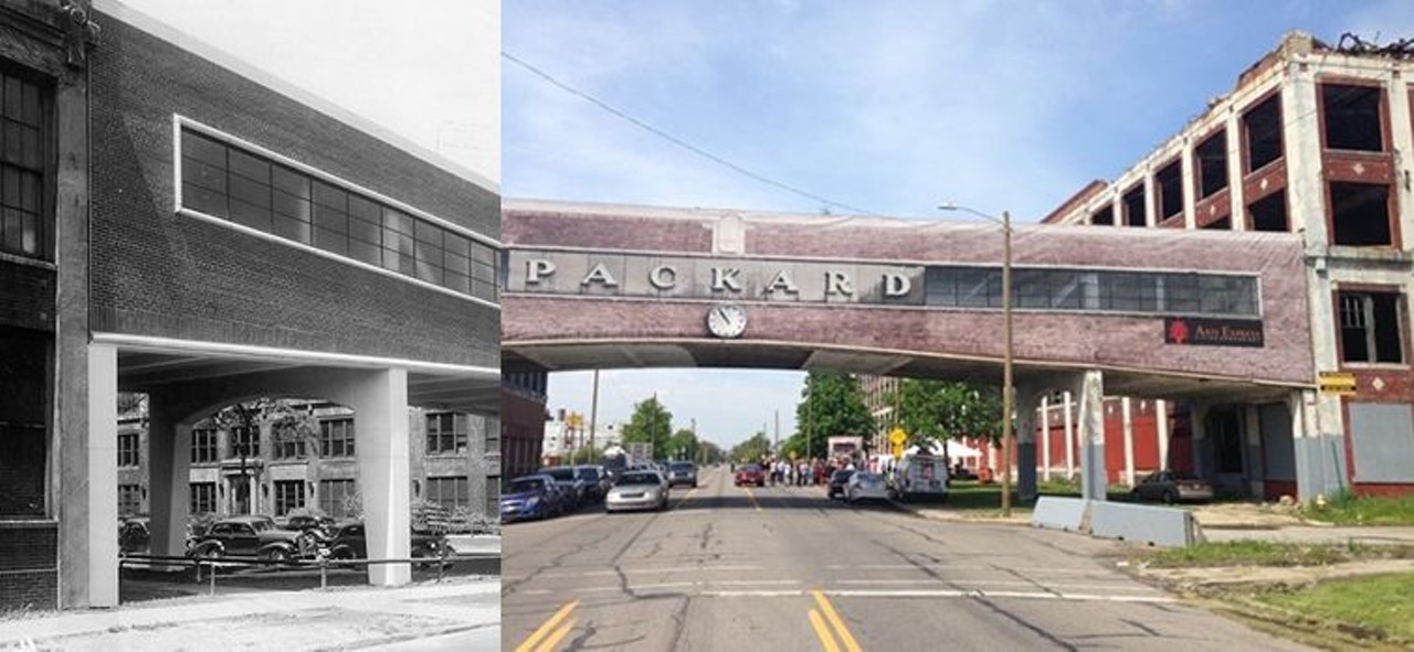 Packard Motor Car Company 
1930s and 2017
Though the Packard name is mostly forgotten now, it was one of the most significant early automobile marquees to settle in Detroit. From 1903 to 1954, Packard produced luxury and mid-price cars at its factory on East Grand Boulevard. Arte Express bought the site and will begin reconstruction in the spring of 2018, transforming it into a restaurant and brewery. 
Photo via Metro Times 
