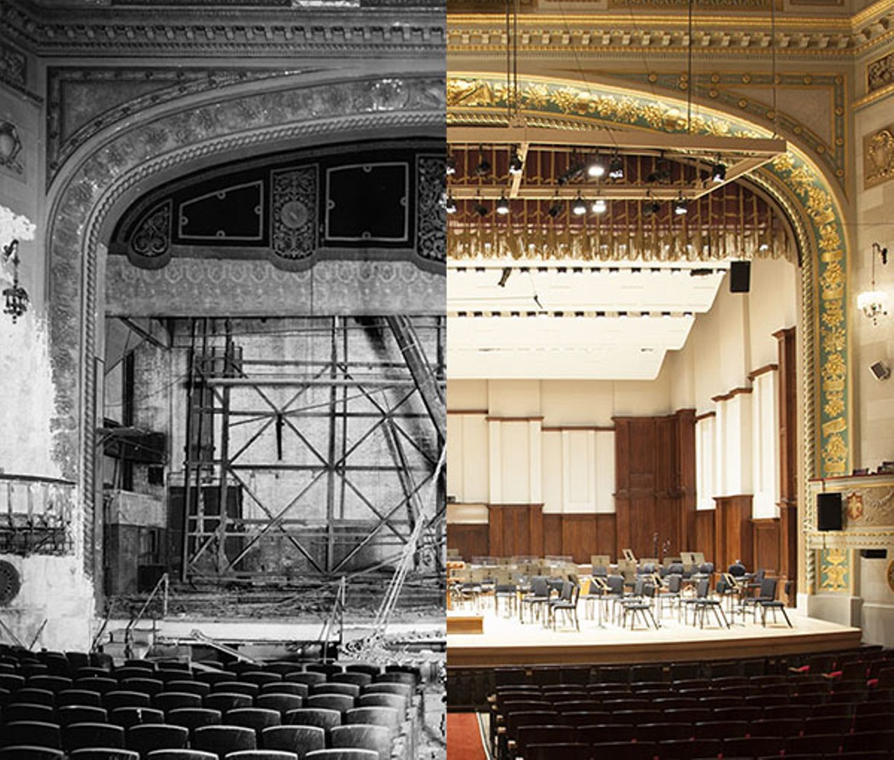 Orchestra Hall
1970 and 2013 
Now known as the Max M. and Marjorie S. Fisher Music Center, this building was the first home to the Detroit Symphony Orchestra. The DSO left 20 years later and it became a jazz club. It was abandoned until it was listed on the National Register of Historic Places in 1971. The DSO moved back in 1989. 
Photo via detroiturbex.com 