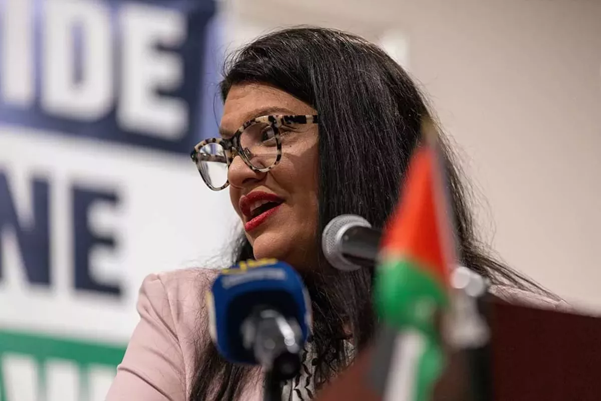 Image: U.S. Rep. Rashida Tlaib delivered a speech in Dearborn in February, urging Democrats to vote "uncommitted" in the presidential primary election to protest President Joe Biden's support of Israel.