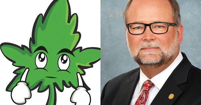 Frustrated weed leaf (left), Senate Majority Leader Arlan Meekhof (right). - Shutterstock/Michigan.gov