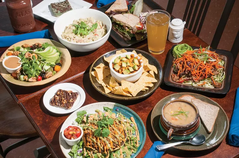 (Counterclockwise from bottom left) Tostada, magic bar, Michigan Salad, Arugala Alfredo, ABLT, s mug of Neu Kombucha, Thai pasta salad, lima bean corn chowder, Southwest Appetizer w/sloppy joe (center) all from The Clean Plate. - Tom Perkins