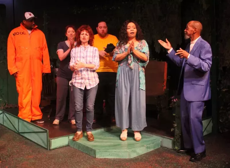 The cast of the Rep’s new play is (l to r) Will Bryson, Leah Smith, Linda Rabin Hammell, Aral Gribble, Jenaya Jones Reynolds, and Cornell Markham. - Photo courtesy the Detroit Repertory Theatre
