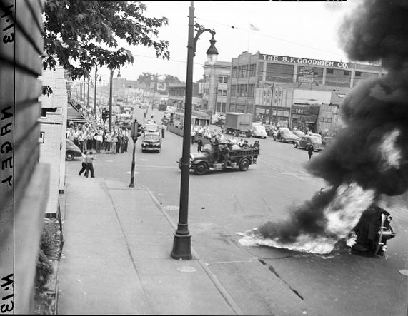 Detroit firefighters respond to a car fire on Woodward Avenue. - Image use courtesy of Walter P. Reuther Library, Archives of Labor and Urban Affairs, Wayne State University