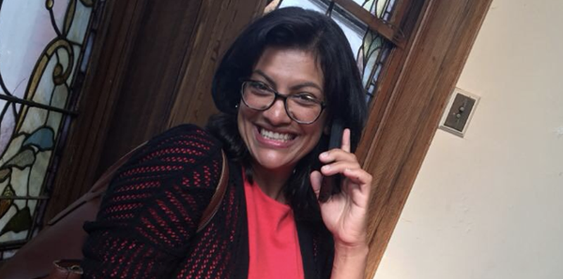 Rashida Tlaib, the Democratic primary winner for Michigan's 13th congressional district, takes a call from Sen. Bernie Sanders. - Twitter, @rashidatlaib