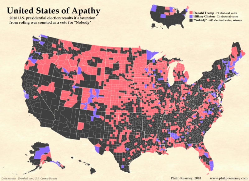 Map courtesy of Philip Kearney - If abstention from voted counted as a vote, this is would have been the results of the 2016 Presidential election