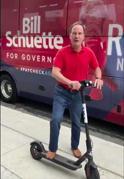 Republican gubernatorial candidate Bill Schuette promoting Bird scooters in Detroit - courtesy of Twitter