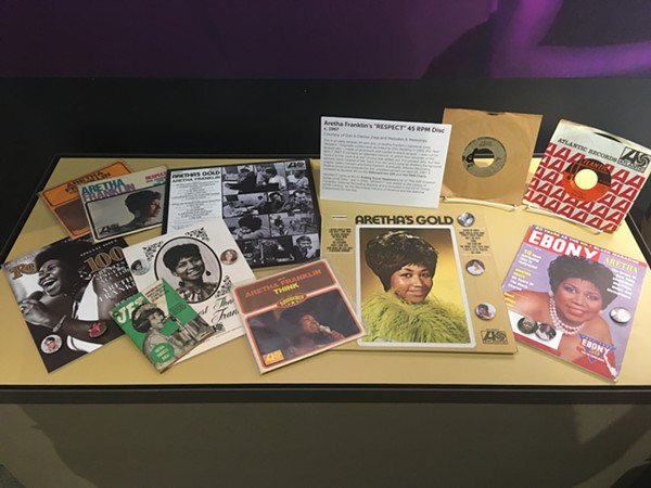 Aretha Franklin memorabilia on display at the Detroit Historical Museum, including a rare "Respect" test pressing. - LEE DEVITO