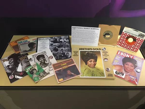 Aretha Franklin memorabilia on display at the Detroit Historical Museum, including a rare "Respect" test pressing. - Lee DeVito