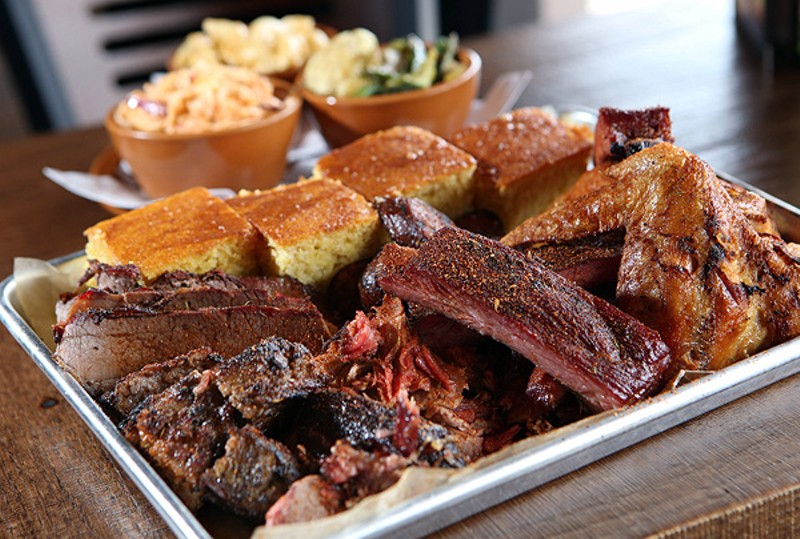 The 6 Pack, with brisket, chicken, pulled pork, zekewurst, ribs, burnt ends and cornbread, from Zeke’s Rock ‘n’ Roll BBQ in Ferndale. - Rob Widdis