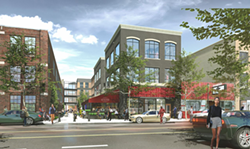 A street-level view of Trumbull just north of Michigan. The development includes a "greenway," and we think it's that walkable area next to the restaurant with outdoor seating. - Artist rendering