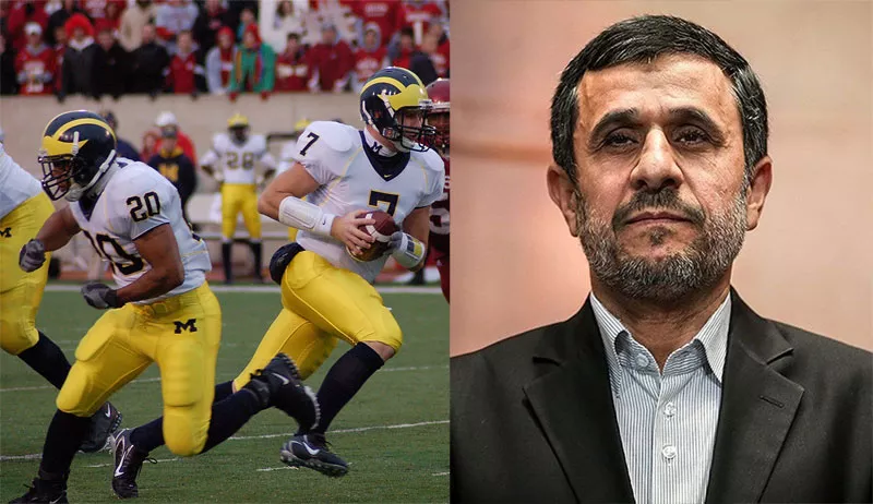 This guy likes denying the Holocaust, and U-M football. - john j. klaiber jr / Shutterstock.com | Tasnim News Agency, Wikimedia Creative Commons
