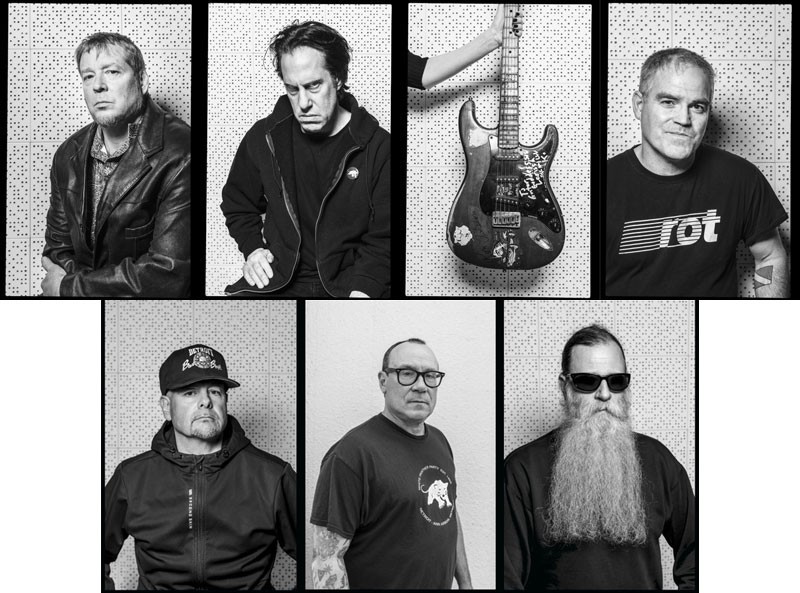 The Laughing Hyenas today. Top row, from left: Kevin Monroe, John Brannon, Larissa Stolarchuk’s guitar, and Jim Kimball. Bottom row, from left: Mike Danner, Todd Swalla, and Ron Sakowski. - DOUG COOMBE