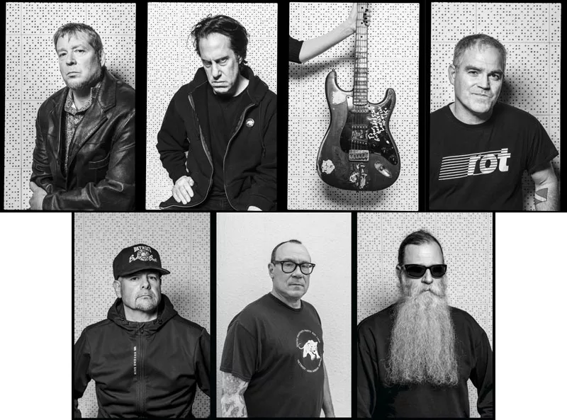 The Laughing Hyenas today. Top row, from left: Kevin Monroe, John Brannon, Larissa Stolarchuk’s guitar, and Jim Kimball. Bottom row, from left: Mike Danner, Todd Swalla, and Ron Sakowski. - Doug Coombe