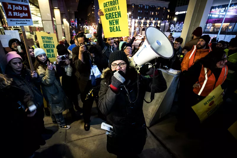 Detroit Congresswoman Rashida Tlaib takes to the megaphone at a Green New Deal demonstration. - Joseph Xu