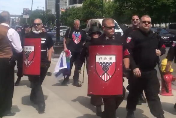 Neo-Nazis march in downtown Detroit to protest Motor City Pride. - Screenshot via Kelsey Hubbell / Facebook