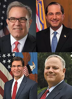 Corporate ownership of government: Industry leaders or lobbyists now in cabinet positions. Clockwise, from left: EPA Administrator Andrew Wheeler was a coal lobbyist; Health and Human Services Secretary Alex Azar was with pharmaceutical giant Eli Lilly; David Bernhardt, who heads the Department of the Interior, was an oil industry lobbyist; Defense Secretary Mark Esper was a top executive at defense contractor Raytheon. - Official government photos/Public domain