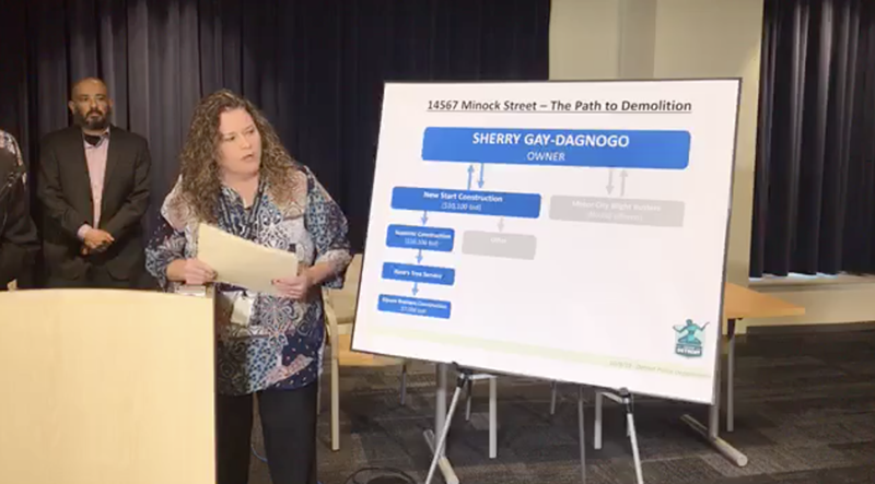 DPD Lt. Rebecca McKay explains "the path to demolition" of Rep. Sherry Gay-Dagnogo's Detroit home. - Screenshot via Detroit Police Department Facebook page