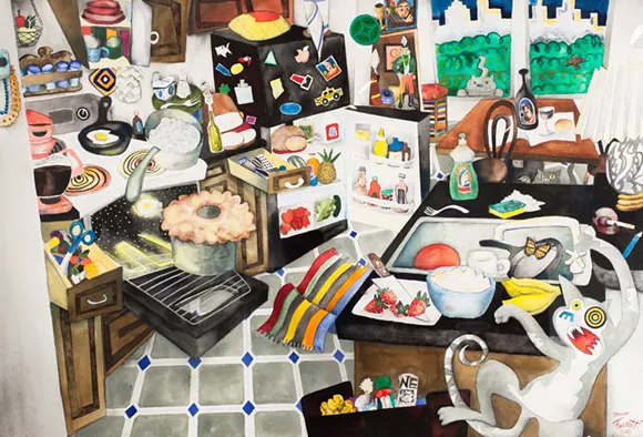 Jerome Ferretti's "Buukers and the Butterfly," 2010, Watercolor, 33" x 45" - Collection of John Linardos