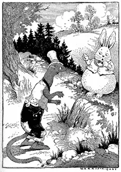 "One day Mr. Rabbit surprised Mr. Weasel making a meal of young mice." - Illustration by Harrison Cady