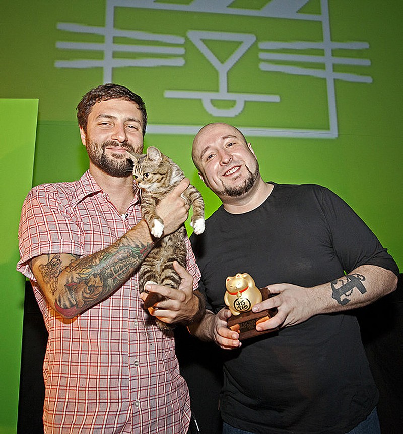 Will Braden with Mike Bridavsky and the late Lil Bub, 2012. - Courtesy photo
