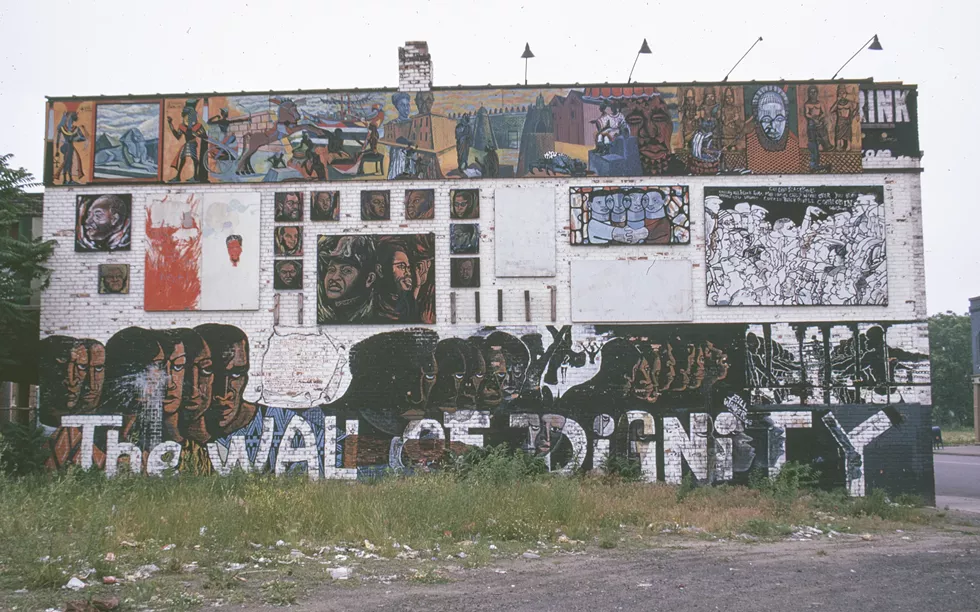 Wall of Dignity, Fairview Gardens, Mack Avenue and Fairview Street, Bill Walker, Eugene “Eda” Wade, Edward Christmas, Al Saladin Redmand, others. (As it looked circa 1973.) - The Timothy Drescher Community Murals Collection (Robert Somer)