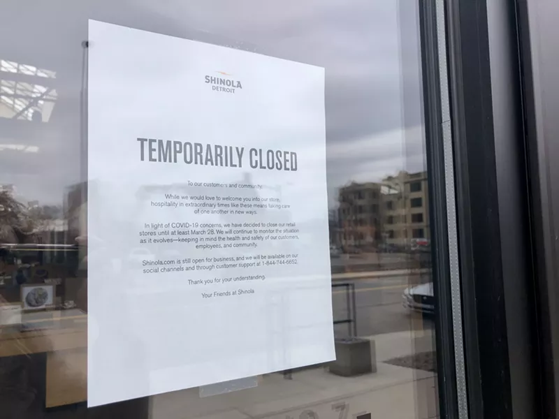 "Temporarily closed" sign at Shinola's Detroit store. - Steve Neavling