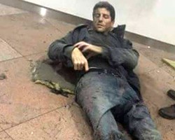 This photo tweeted by Belgian basketball team BC Telenet Oostende shows former Oakland University player Sebastien Bellin lying injured after a bomb exploded in the Brussels airport. - Photo via Twitter