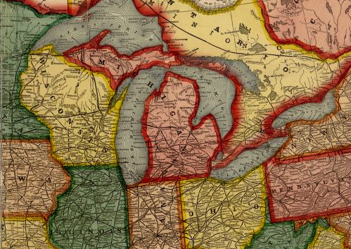 The state that give you a big hello is big, but how big is it? - Detail from the Centennial American Republic and Railroad Map of the United States and of the Dominion of Canada, 1875, from the Library of Congress