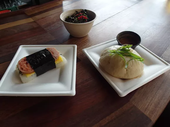 From left, musubi, seaweed salad, and manupa bun. - By Serena Maria Daniels.
