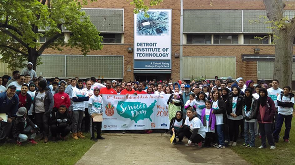 Volunteers from Dearborn and Detroit high schools renovate Cody High School's Detroit Institute of Technology. - photo credit: National Network for Arab American Communities