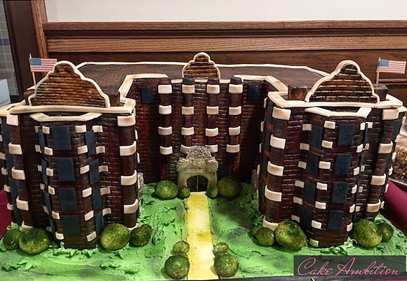 See a cake made in the shape of Forest Arms