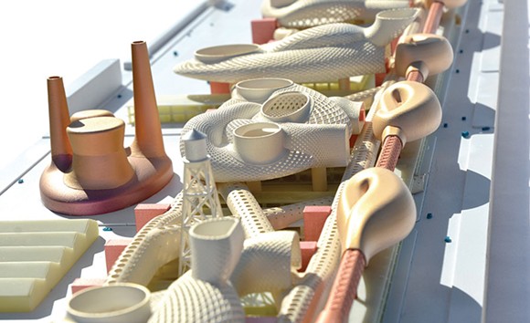 This model, which resembles a half-finished Habitrail, shows a cogeneration plant, corporate research centers, and movable university collaboration spaces: In short, just the sort of thing the building’s new neighbors, plagued by crime, poverty, and pollution, have never asked for. - Image courtesy Greg Lynn FORM