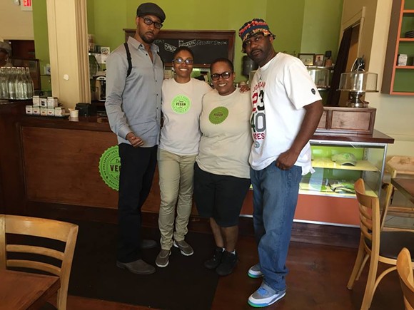 Left to right: rapper RZA, owner Kirsten Ussery Boyd, owner Erika Boyd, and rapper Ghostface Killah. - PHOTO VIA FACEBOOK: DETROIT VEGAN SOUL