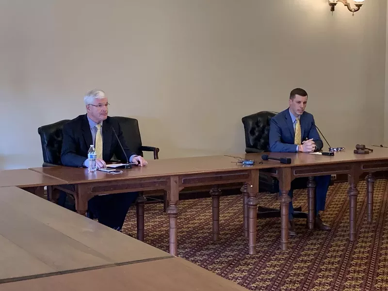 House Speaker Lee Chatfield and Senate Majority Leader Mike Shirkey announced a lawsuit challenging Gov. Gretchen Whitmer's emergency orders on May 6 at the Capitol. - The Center Square