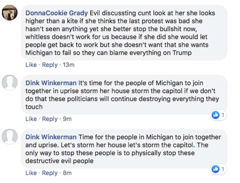 Gov. Whitmer becomes target of dozens of threats on private Facebook groups ahead of armed rally in Lansing (8)