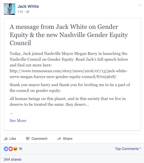 Jack White posts heartwarming speech on gender equity