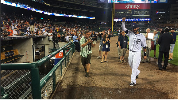 J.D. Martinez salutes the crowd after making a dramatic return to Comerica Park Wednesday night. - Credit: Detroit Tigers, via Twitter