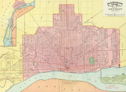 "Detroit's street plan, with the exception of a very few leading avenues, is a thing of slivers and make-shift odds and ends that form as bewildering a conglomeration of misfit adjustment as the most ingenious inventor of a labyrinth could devise." —Detroit Tribune, 1904 - Rand McNally Map of Detroit, 1900