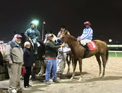 Jockey Wayne Barnett continued his unlikely comeback Friday night at Hazel Park with two more victories, including a wire-to-wire win in the sixth race aboard Art I Awesome. - Photo by Dave Mesrey