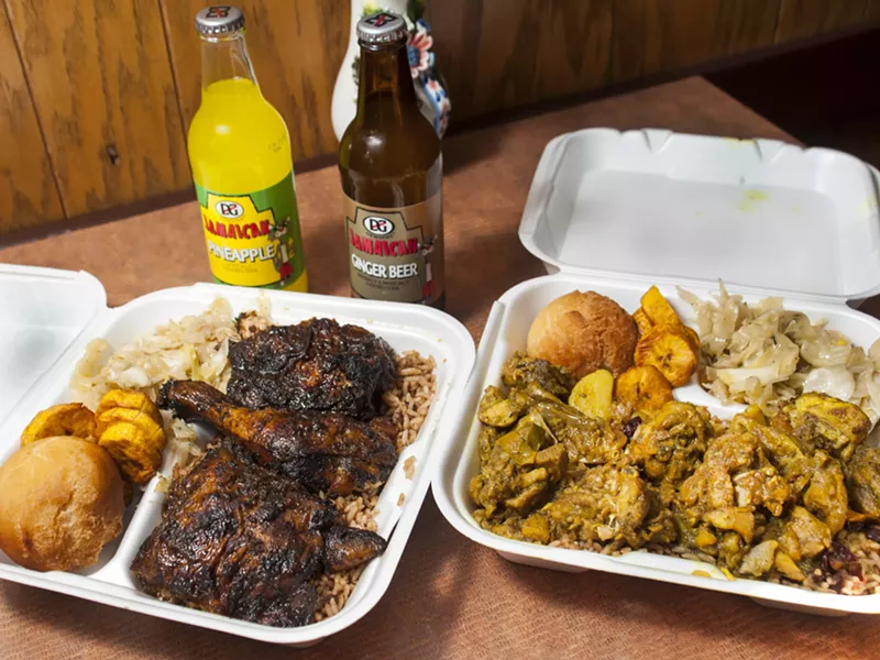 Jerk chicken and curry chicken at Jamaica Jamaica - Photo By Tom Perkins