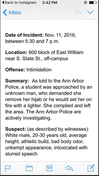 A man threatened a U-M student to take off her hijab or else he would light her on fire